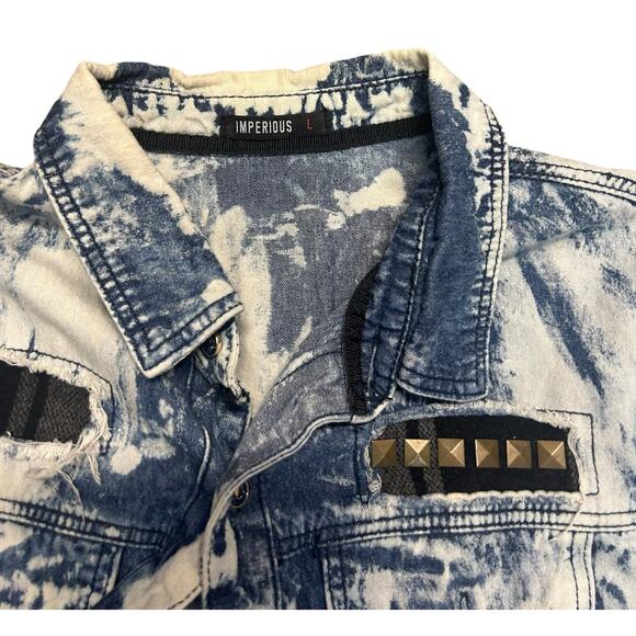 Imperious Acid Wash‎ Studded Blue White Button-Down Jacket Large - Picture 6 of 11